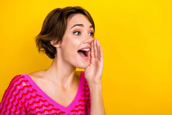 stock image Portrait of cheerful impressed nice woman wear pink knit top palm near mouth scream to empty space isolated on yellow color background.