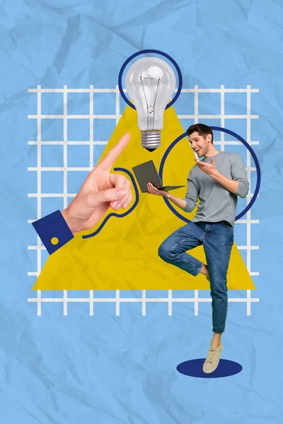 青い背景に隔離された同僚のオンライン天才的なアイデアと若い労働者のビジネスマンの垂直テンプレートの写真のコラージュ — ストック写真