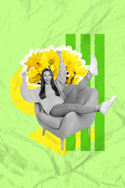 Plakat Banner Collage Munter Dame Sidde Comfy Stol Overvinde Menstruation - Stock-foto
