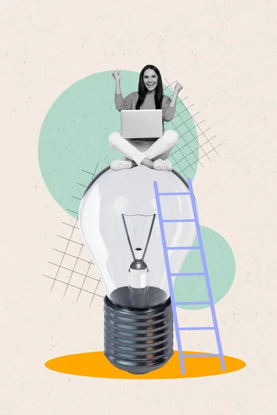 喜びのミニ黒の白い色の垂直コラージュイメージ女の子登るはしご座ってトップ巨大な電球は 創造的な背景に隔離されたネットブックを使用して拳を上げる — ストック写真