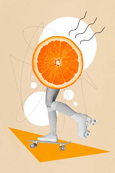 Photo Collage Artwork Minimal Picture Citrus Riding Skate Board Rollers — Stock Photo, Image