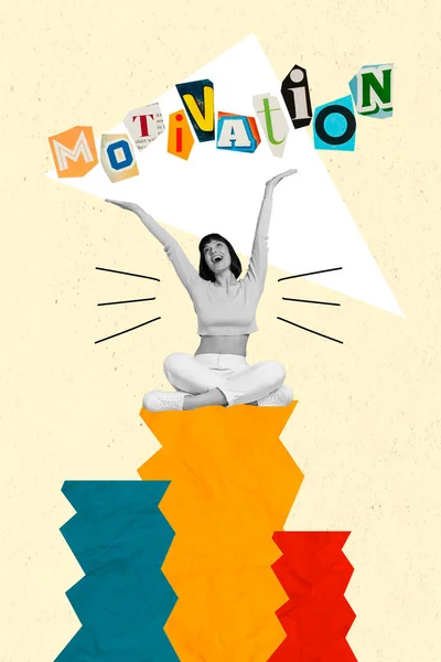 Samengestelde Collage Beeld Van Opgewonden Vrouw Verhogen Handen Werken Motivatie — Stockfoto