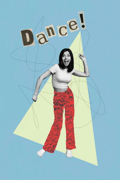 图片拼贴滑稽高兴年轻的舞女穿着彩绘衣服时髦的裤子移动身体节拍画面背景 — 图库照片