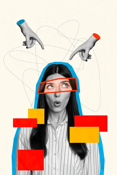 Collage Pinup Pop Retro Sketch Image Shocked Lady Standing Mocking — Stock Photo, Image