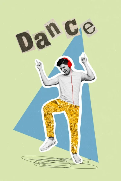 Vertikal Collage Bild Överlycklig Svart Vit Effekt Kille Njuta Dans — Stockfoto