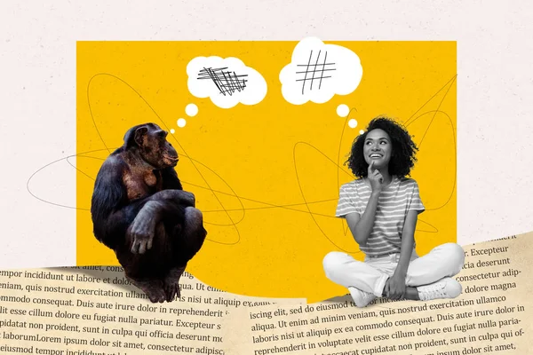 Ekskluzywny Magazyn Obraz Szkic Kolaż Obraz Zabawna Pani Mówi Małpa — Zdjęcie stockowe