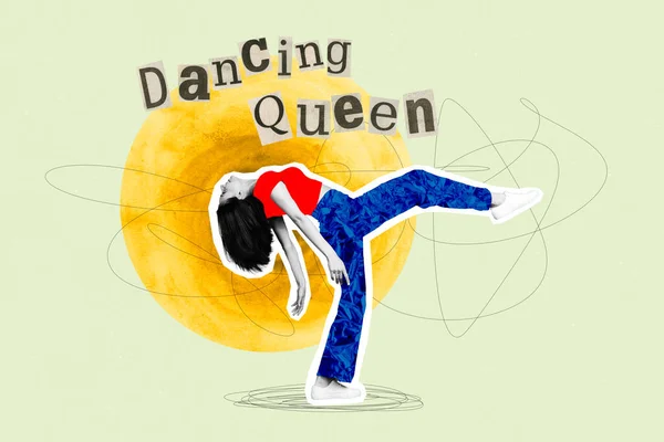 Foto Collage Flexible Dame Tanzen Überglücklich Heben Ein Bein Thema — Stockfoto