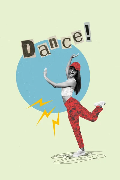 Κάθετη Κολάζ Εικόνα Νεαρή Χορεύτρια Φορούν Βαμμένα Ρούχα Funky Στολή — Φωτογραφία Αρχείου