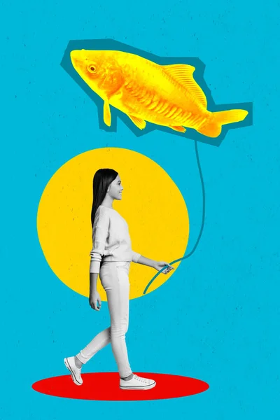 Vertical Collage Image Black White Effect Girl Hold Goldfish Balloon — Stock Photo, Image