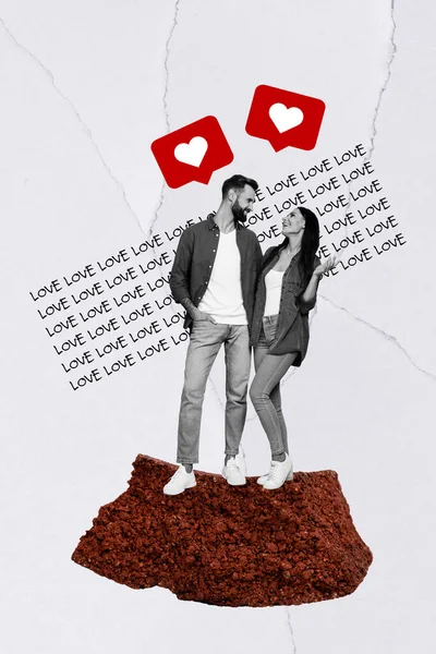 Vertikale Foto Collage Schönes Paar Menschen Feiern Jubiläum Bonding Konzept — Stockfoto