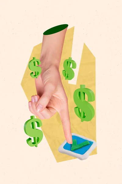 Magazine Template Collage Human Hand Pressing Button Asking Money Bills — Stock Photo, Image