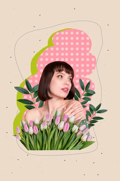 Collage Artistique Créatif Jeunes Hydratant Jolie Femme Toucher Peau Bouquet — Photo