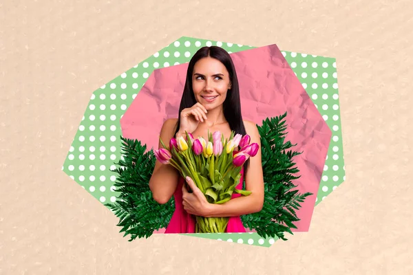 Collage picture of positive minded girl hold fresh tulip flowers green plant bush leaves isolated on paper beige background.