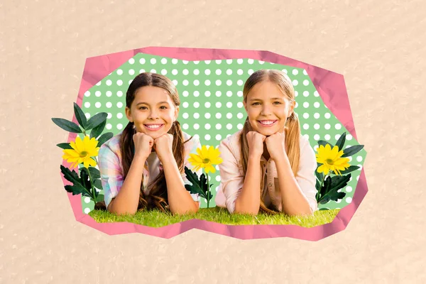 Poster Banner Helle Collage Von Zwei Süßen Kinder Mädchen Liegen — Stockfoto