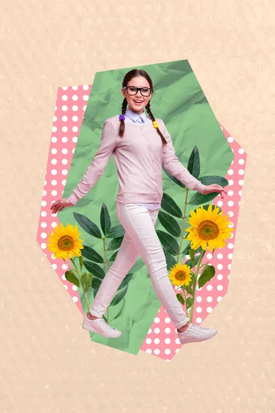 Plantilla Bandera Vertical Collage Mujer Joven Formalwear Caminar Girasoles Jardín — Foto de Stock