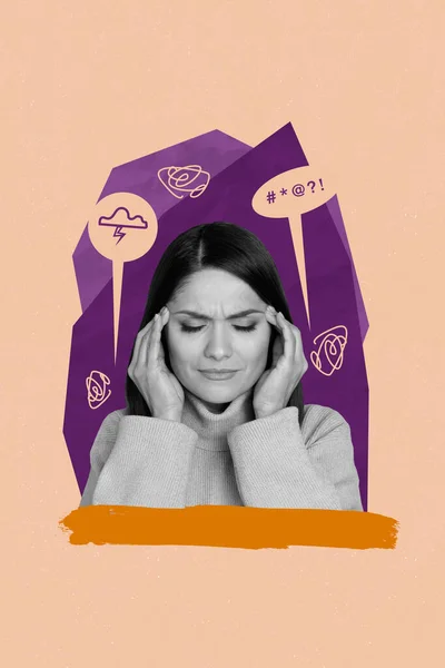 Alnına Dokunan Stresli Olgun Bayanın Dergi Kolajı Korkunç Bir Baş — Stok fotoğraf