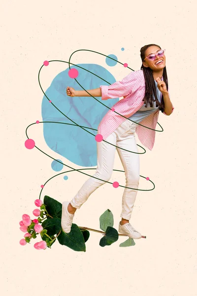 ポスターバナーコラージュの興奮した若い女の子立って緑の植物花束お祝い8行進ダンスフロアディスコ — ストック写真
