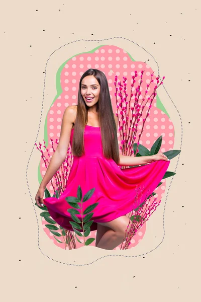 創造的なポスターバナーコラージュの魅力的な若い女性の双子の綿の花の庭のダンスお祝い8行進お祝いパーティー — ストック写真