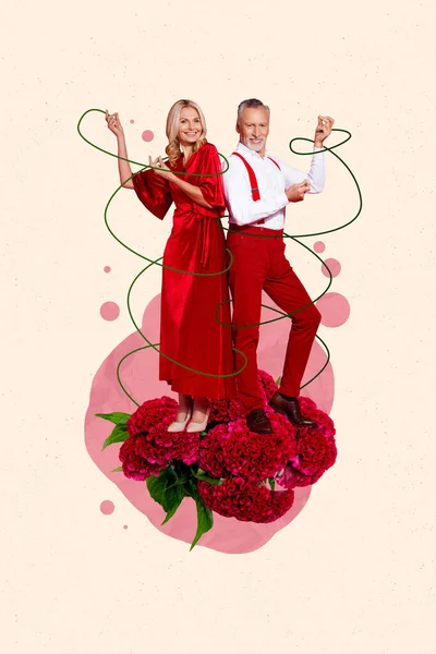 Poster banner surreal collage of married people having 8 march date celebration dance on blooming flower.
