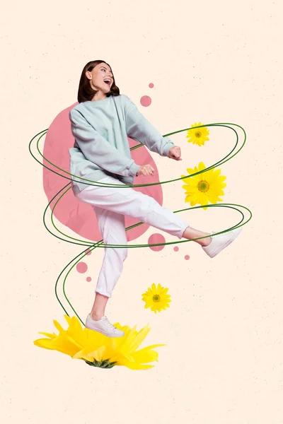 Revista Dibujo Plantilla Collage Funky Joven Dama Moviéndose Bailando Amarillo —  Fotos de Stock