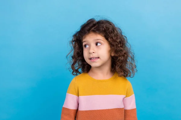 Portrait Interested Little Girl Preschool Wear Striped Orange Sweater Look — Stock Photo, Image