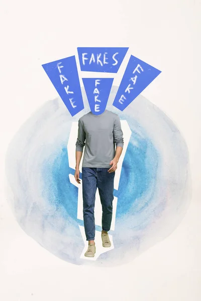 Pionowy Kolaż Obraz Chodzącego Faceta Fałszywy Tekst Słowa Zamiast Głowy — Zdjęcie stockowe