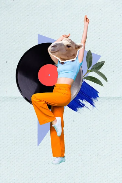 Imagen Collage Vertical Chica Bailarina Cabeza Camello Grande Vinilo Registro — Foto de Stock
