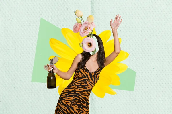 Creative collage image of dancing excited girl rose flowers head hand hold champagne bottle glass isolated on paper background.