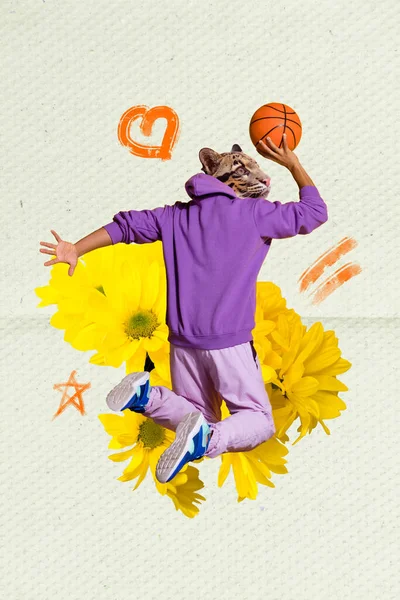 Foto Werbung Collage Springen Tiger Tier Basketballspieler Professionelles Spiel Turnier — Stockfoto