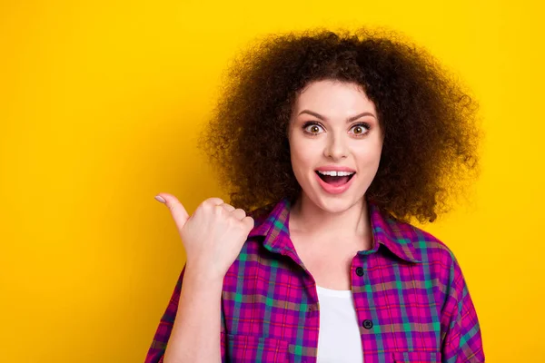 Photo Excited Pretty Lady Wear Checkered Jacket Showing Thumb Empty — Stock Photo, Image