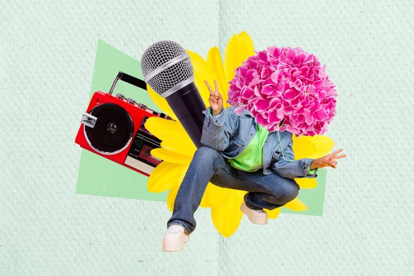 Vintage Template Collage Headless Person Fresh Flowers Show Sign Posing — Stock Photo, Image