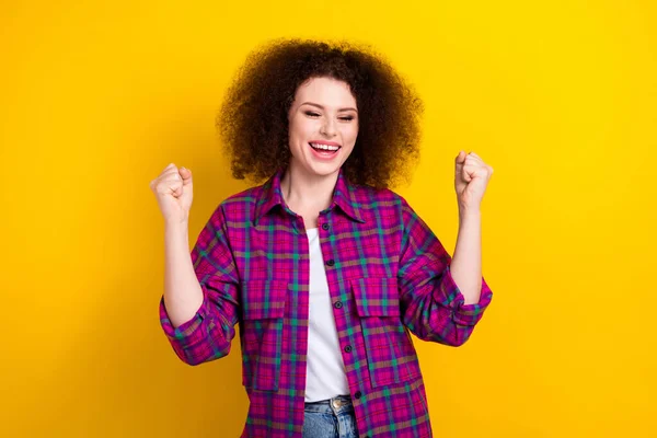 Photo Cool Excited Woman Dressed Plaid Shirt Shouting Yes Rising — Stock Photo, Image