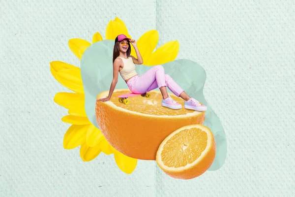 Collage Picture Excited Cheerful Mini Girl Sit Big Orange Fruit — Stock Photo, Image