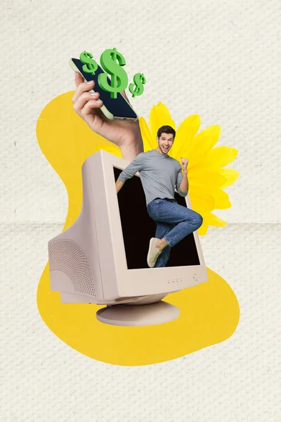 创新的垂直拼贴广告Fintech促销人员庆祝在黄色背景下隔离的高薪通知电话屏幕 — 图库照片