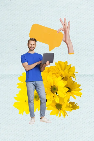 Foto Ganzkörper Mann Collage Schreiben Online Blumen Lieferservice Bestellen Gänseblümchen — Stockfoto