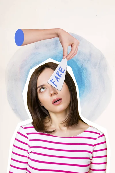 Hipnotize Edilmiş Genç Bir Kadının Dikey Pankart Kolajı Elinde Kağıt — Stok fotoğraf