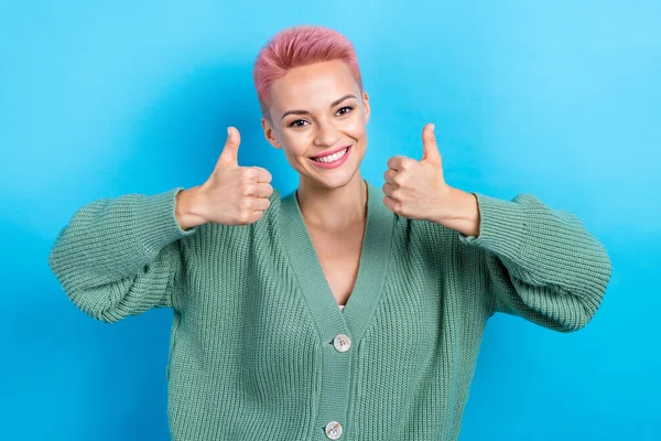 Photo Professional Lady Raise Double Hands Thumb Approve Good Quality — Stock Photo, Image