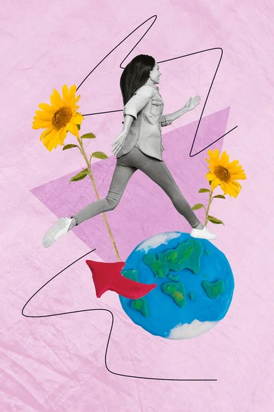 Creatieve Fotokunst Graphics Collage Schilderij Van Opgewonden Dame Running Planet — Stockfoto