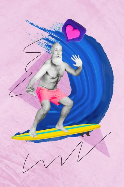 大学生拼凑流行复古素描形象疯狂快乐的退休男子冲浪海浪有一个有趣的旅行孤立的绘画背景 — 图库照片