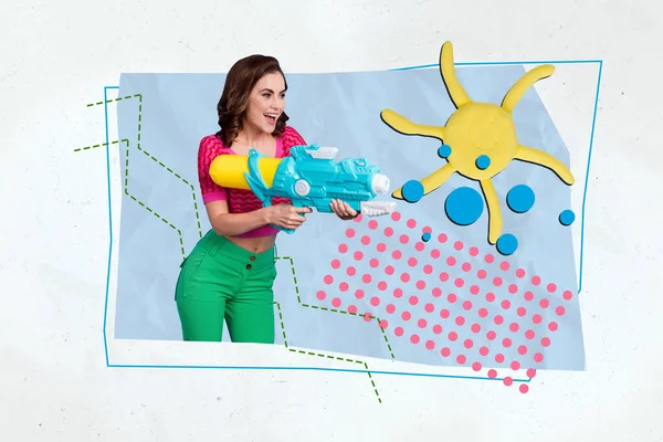 Artwork Magazine Collage Picture Happy Smiling Lady Shooting Water Gun — Stock Photo, Image