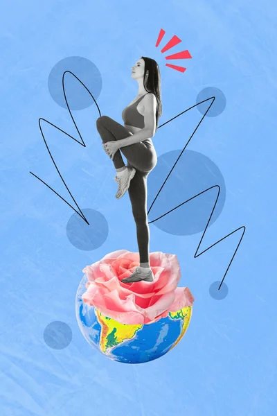 Kolaż Grafika Obraz Plakat Sportowy Uroczy Kobieta Stoją Miniaturowy Globus — Zdjęcie stockowe
