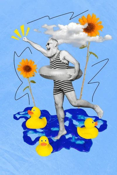 Vertical creative photo collage of elderly funny funky man wear inflatable ring run to swimming pool isolated on painted background.