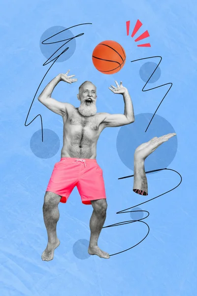추상적 추상적 콜라주 남자가 배경에서 고립된 해변에서 농구를 — 스톡 사진