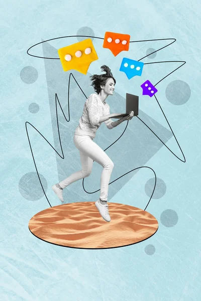 Kolaż Ilustracja Grafika Obraz Szczęśliwy Dziewczyna Używać Netbook Wpisując Sms — Zdjęcie stockowe