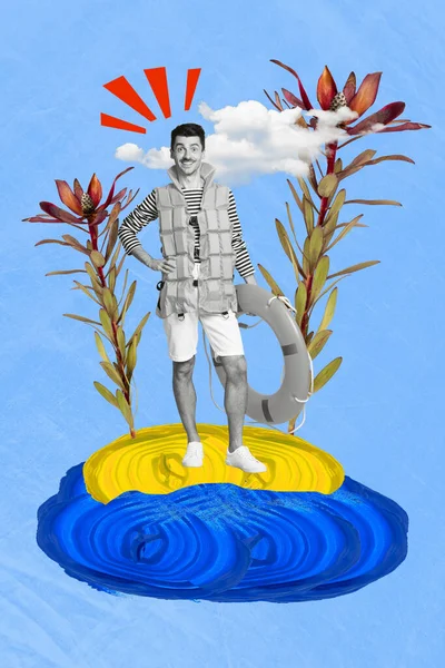 縦のコラージュ作品のイメージファンキーな楽しい男の作品ライフガードウォーク海の海岸観察観光客孤立した絵画の背景 — ストック写真