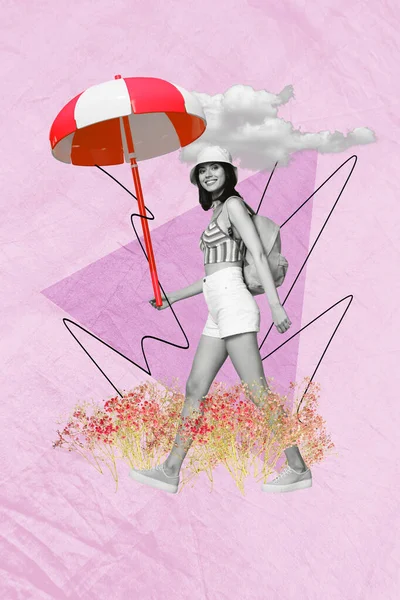 创意抽象模板图形拼贴图片快乐微笑的女士走在阳伞隔离的彩色背景下 — 图库照片