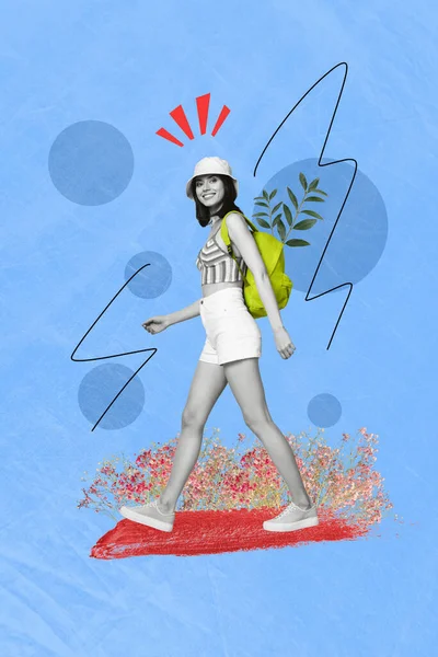 大学生3D拼凑流行复古素描形象快乐微笑的女士漫步花园欣赏野花孤零零的绘画背景 — 图库照片
