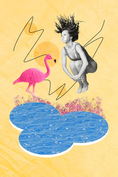 Collage Kunstwerk Afbeelding Beeld Van Gek Gelukkig Meisje Vieren Zomer — Stockfoto