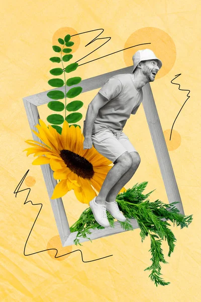 Collage Photo Créatif Vertical Illustration Homme Optimiste Satisfait Sautant Cadre — Photo