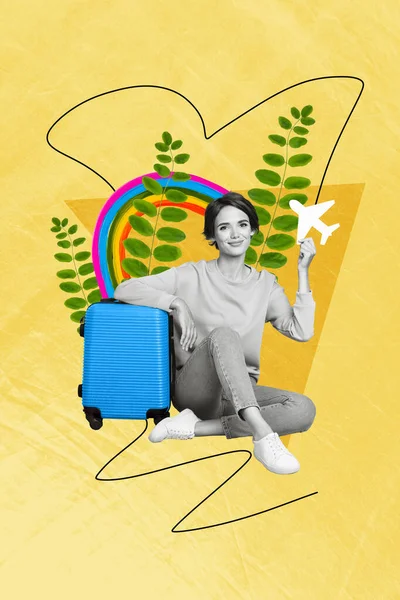 배경에 비행기를 가방을 기분좋은 아가씨가 추상적 창조적 콜라주 — 스톡 사진
